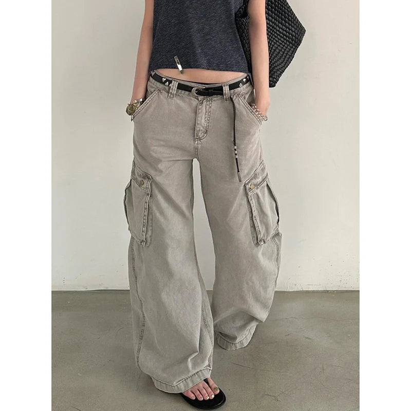 Khaki Vintage Cargo Wide Leg Jeans