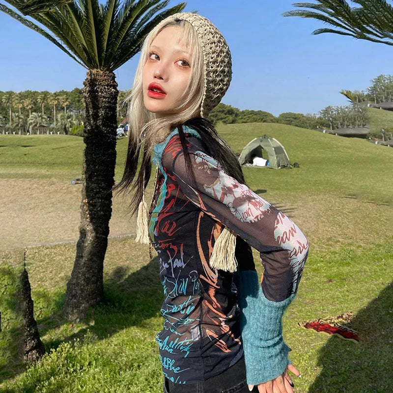 Sheer Mesh Patchwork Long Sleeve T-Shirt