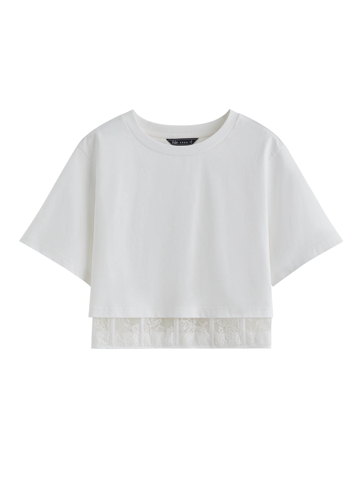 Lace Spliced Premium Waist Cropped T-Shirt