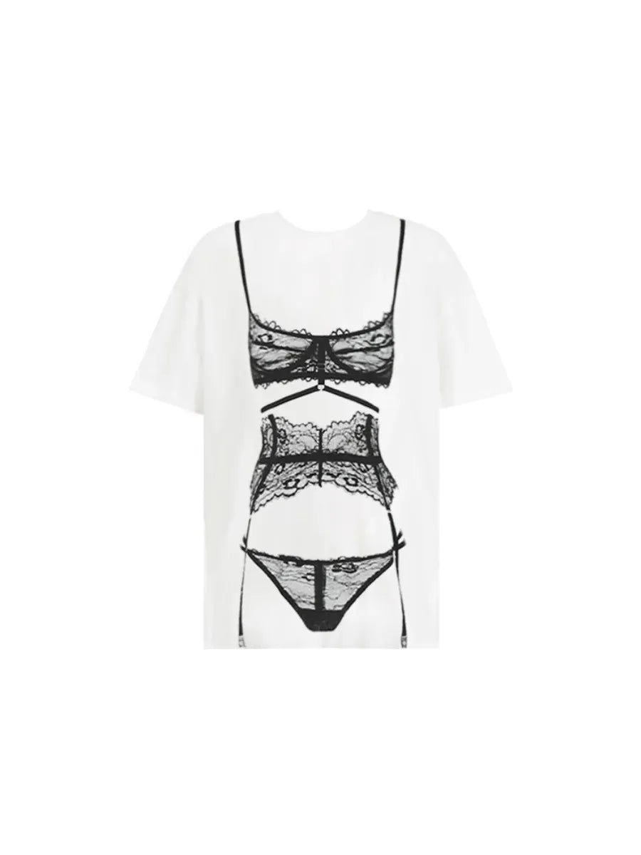 Y2K Perspective Printing Loose White T-Shirt