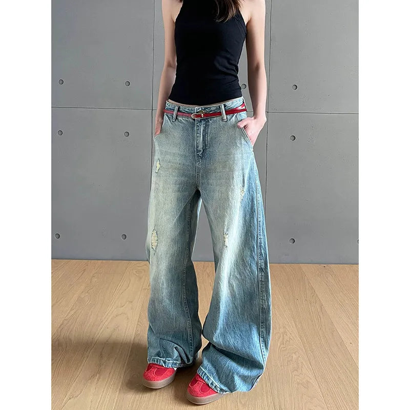 High Waist Torn Design Wide Jeans