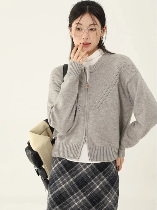 Stylish Double Zipper Round Neck Sweater