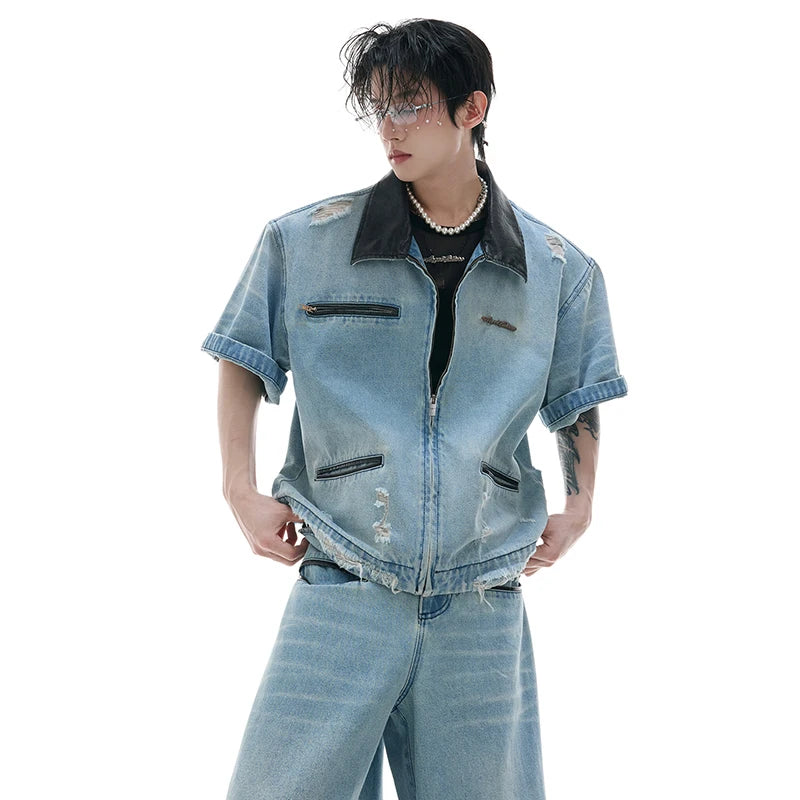 Color Contrast Leather Neck Denim Jeans