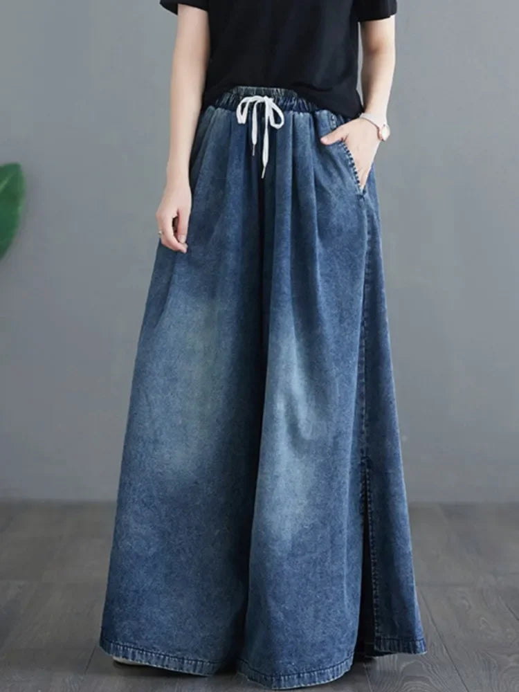 Elastic High Waist Wide Leg Jeans