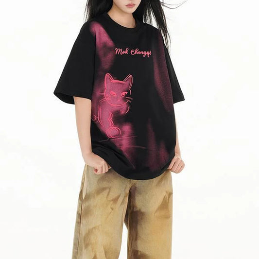 Vintage Graphic Kitten Print Short T-Shirt
