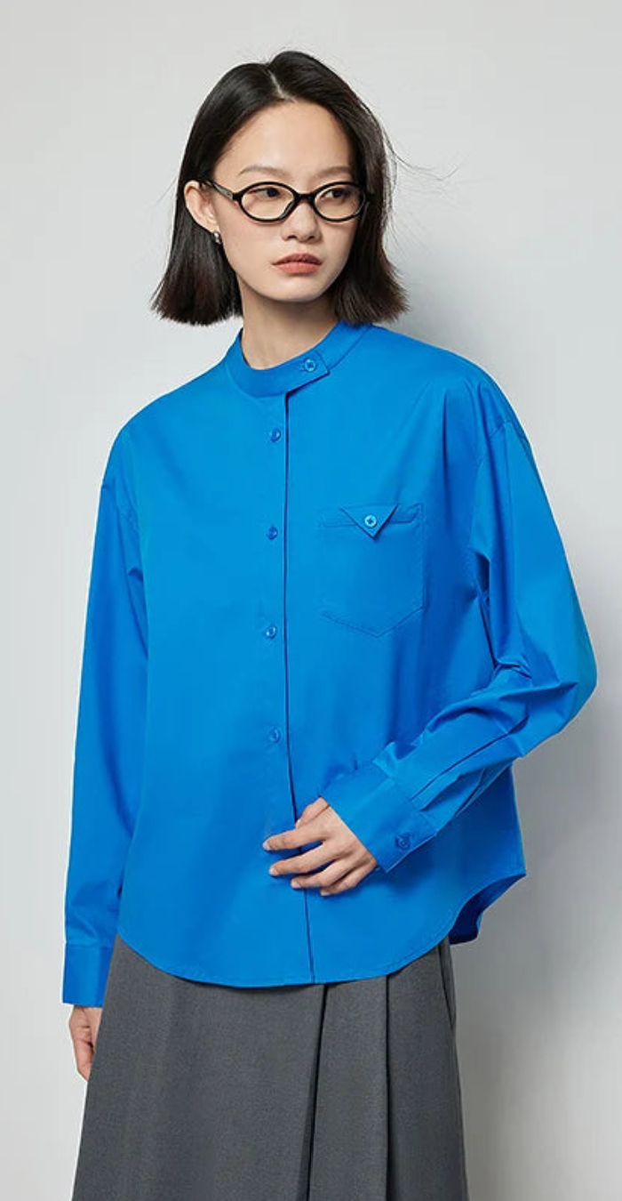 Elegant Mandarin Collar Button-Up Blouse Shirt