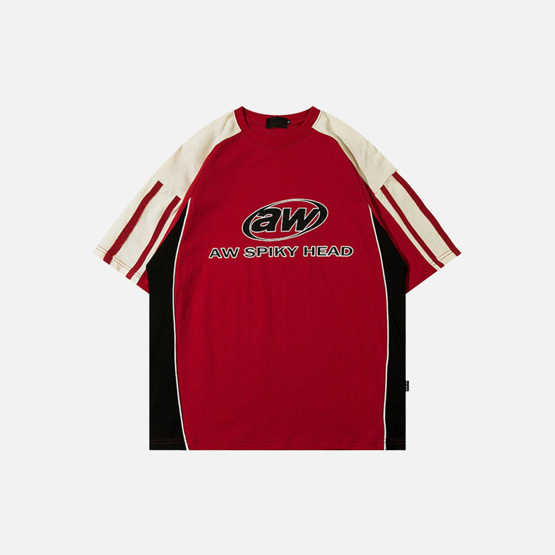 Red color of the AW Spiky Head T-shirt in a gray background