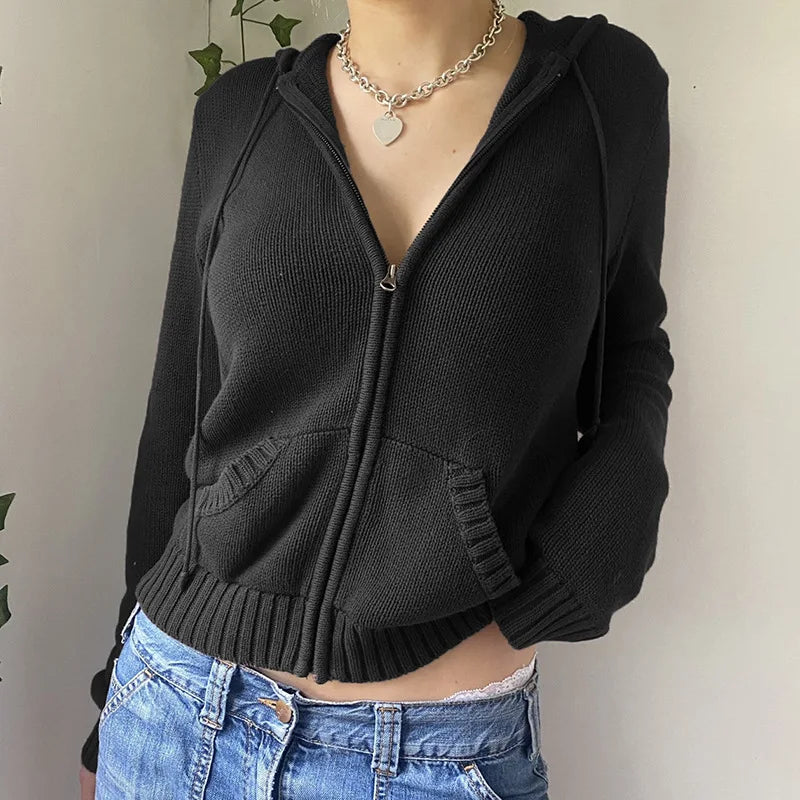 Vintage Knitted Zip-Up Hoodie Cardigan Shirt