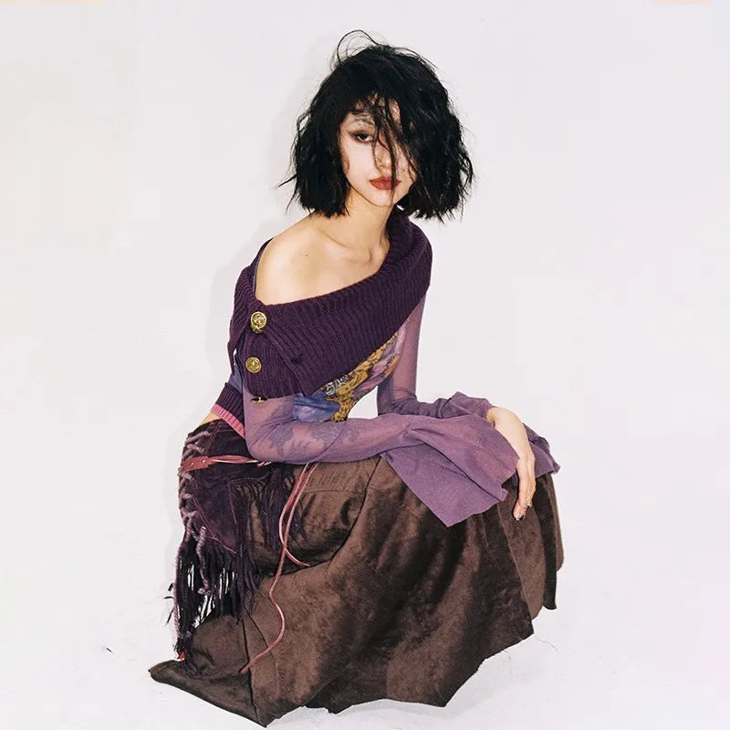 Vintage Y2K Off-Shoulder Knitted Mesh T-Shirt