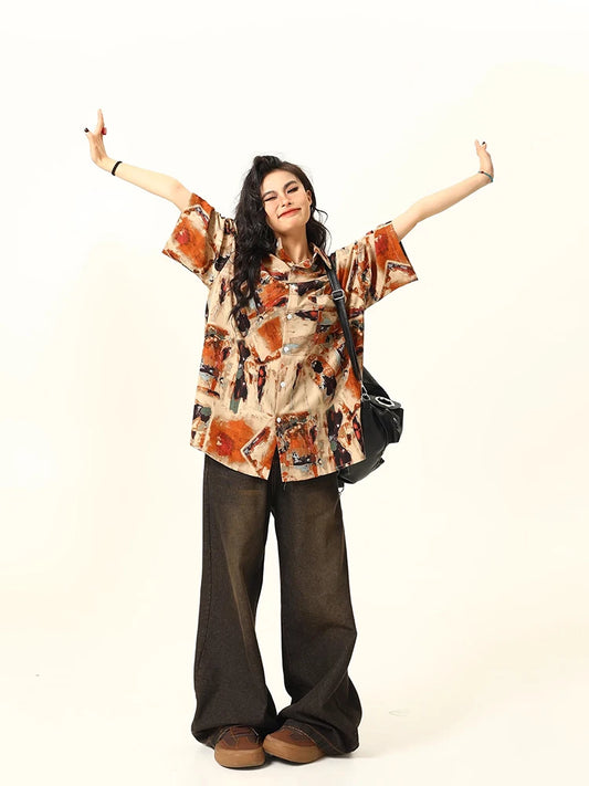 Vintage Oil Painting Print Loose Shirt