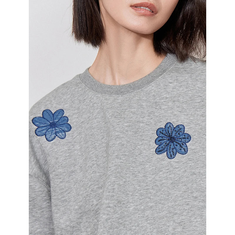 Floral Embroidered Denim Patchwork Hoodie