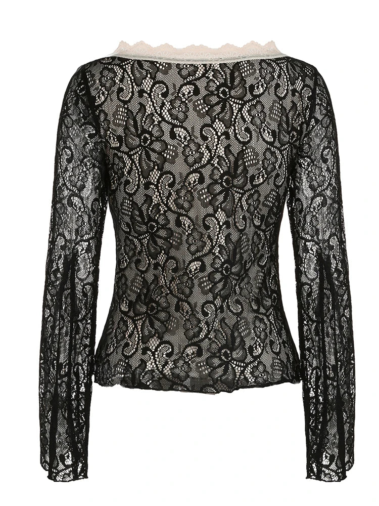 Floral Lace Tie Front Flounce T-Shirt