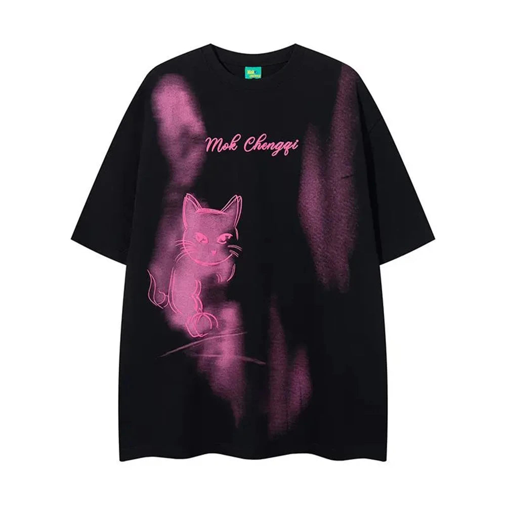 Vintage Graphic Kitten Print Short T-Shirt