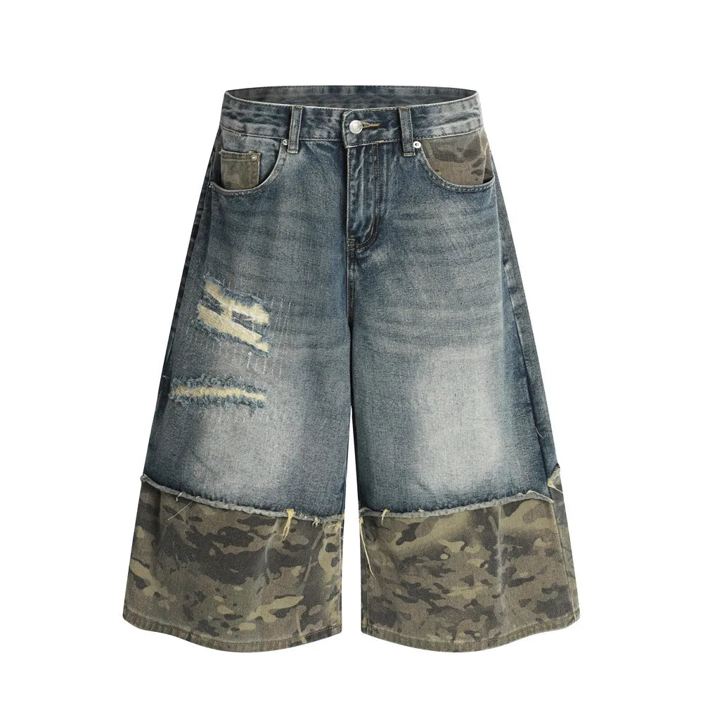 Camouflage Patchwork Retro Distressed Denim Jeans