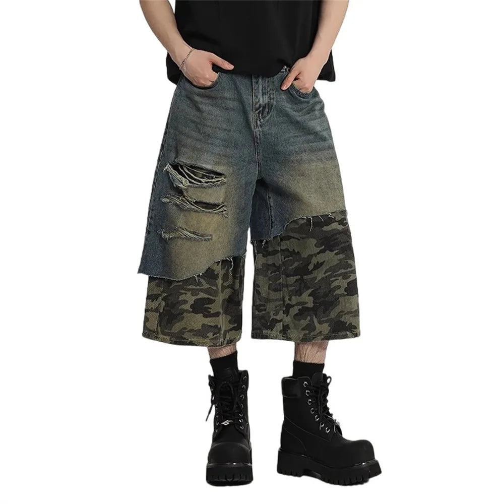 Distressed Camouflage Spliced Denim Shorts Jeans