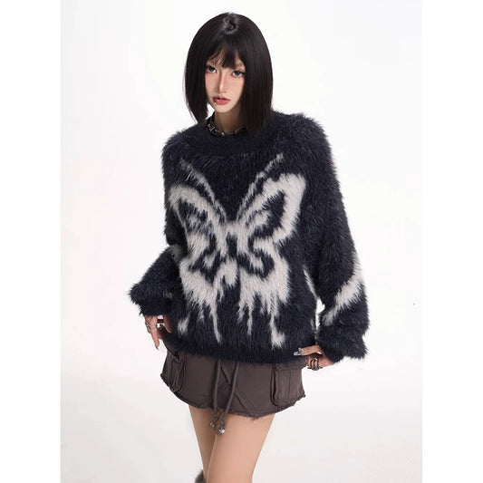 Vintage Butterfly Jacquard Knitted Sweater Pullover