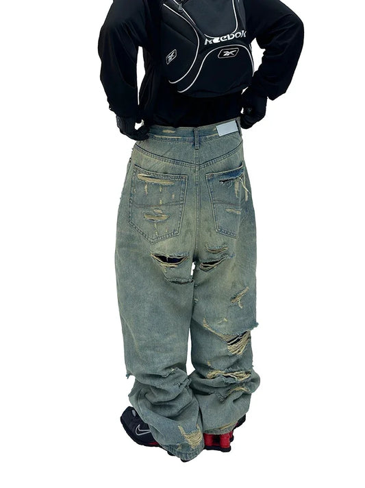 Vintage Distressed Tassel Wide Leg Jeans