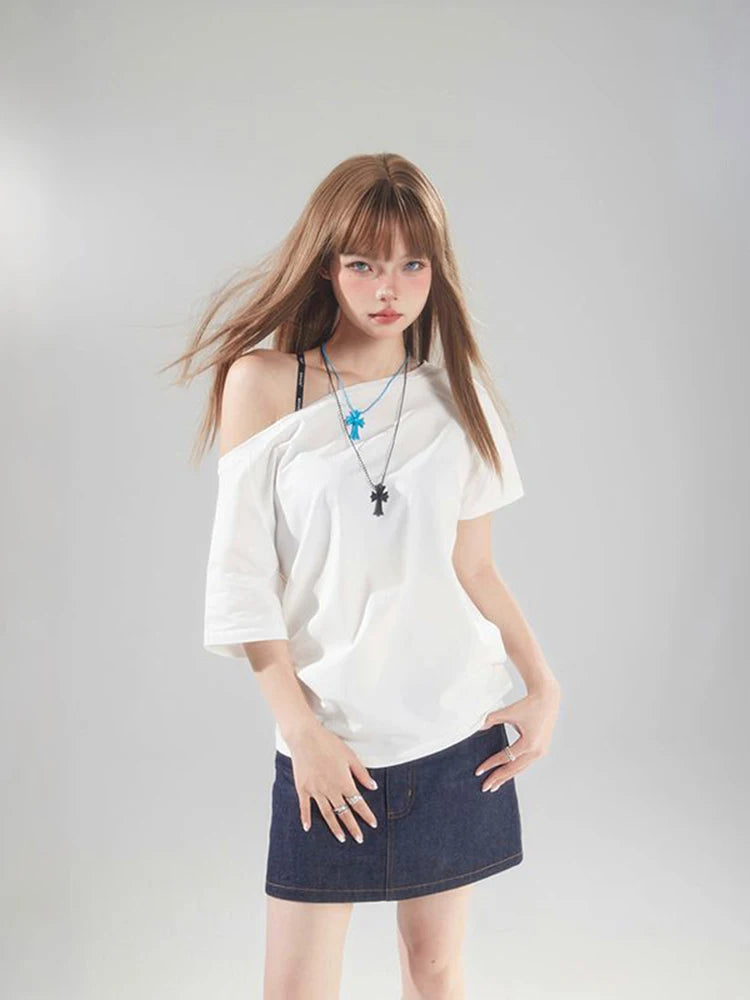 Sexy Korean Off-Shoulder Loose Solid T-Shirt