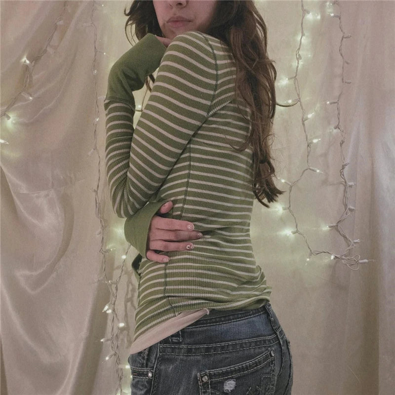 Button V-Neck Stripe Long Sleeve T-Shirt