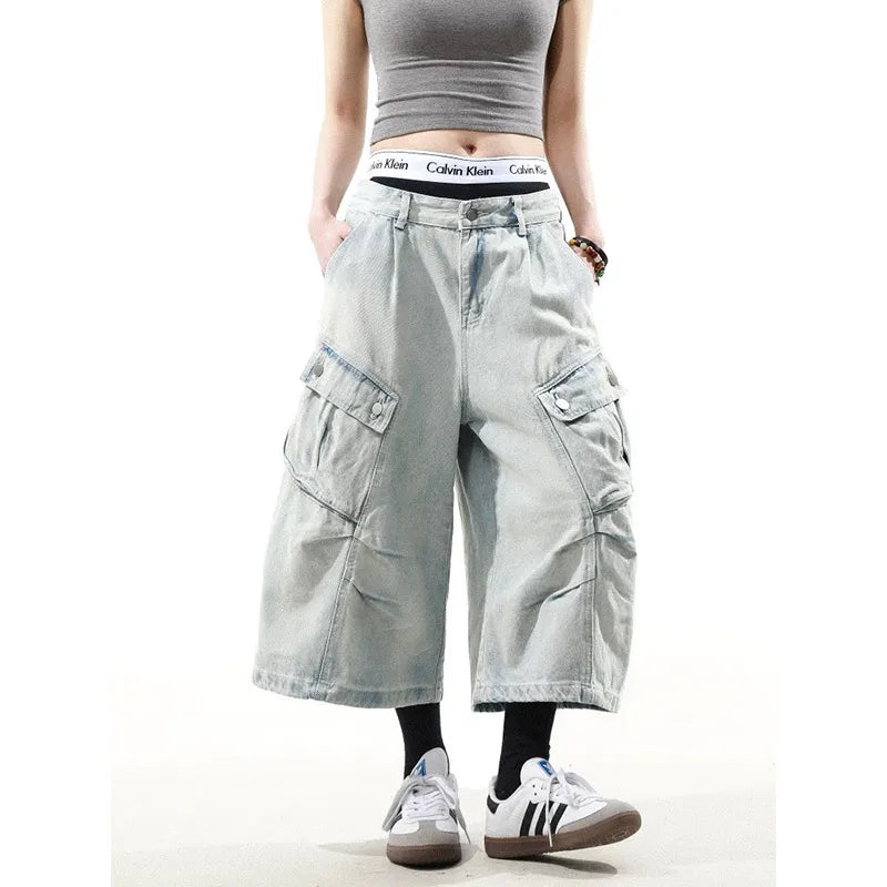 Retro High Waist Baggy Blue Jorts