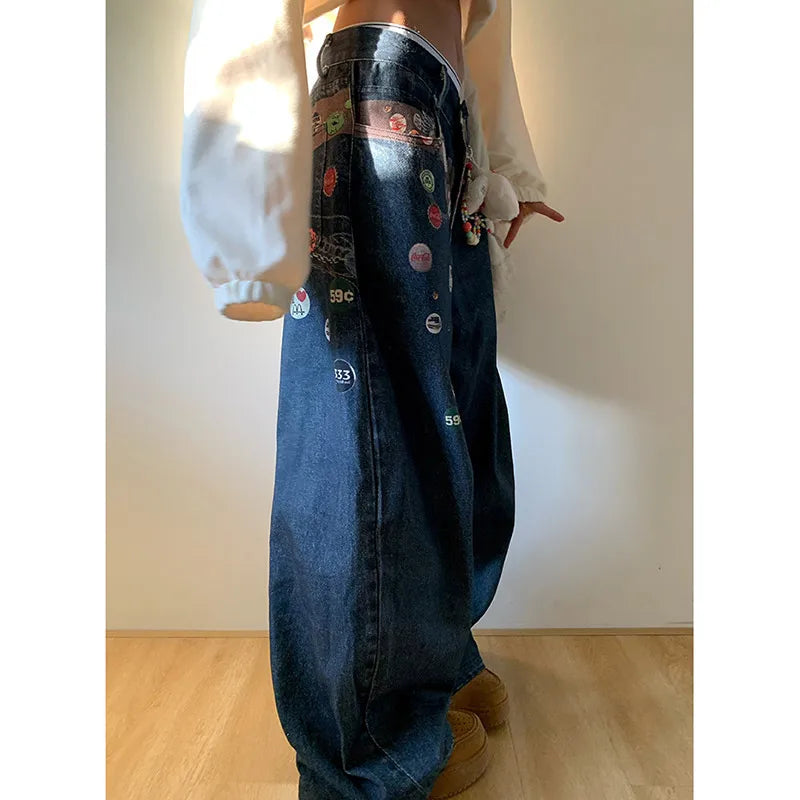 New Retro Vibe Graffiti Print Jeans