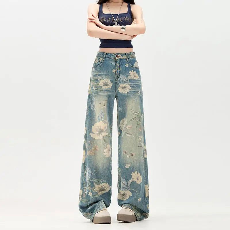 Floral Print High Waist Blue Jeans