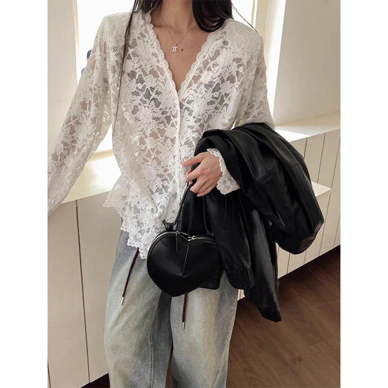 Chic Sheer Lace Blouses Womens Shirt