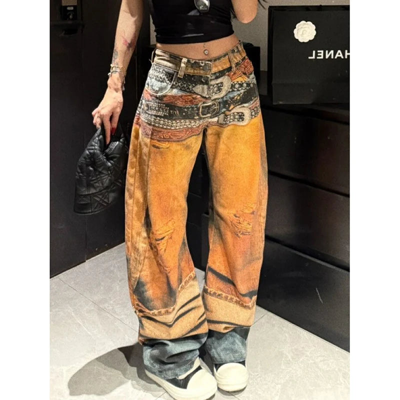 Vintage Black Gothic Dragon Print Jeans