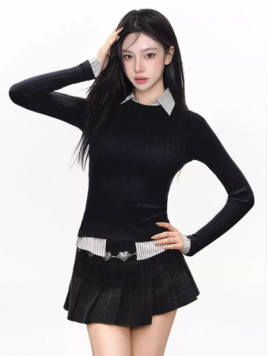 Contrast Color Knitted Sweater Shirt