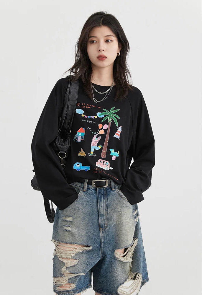 Loose Round Neck Cartoon Print T-Shirt