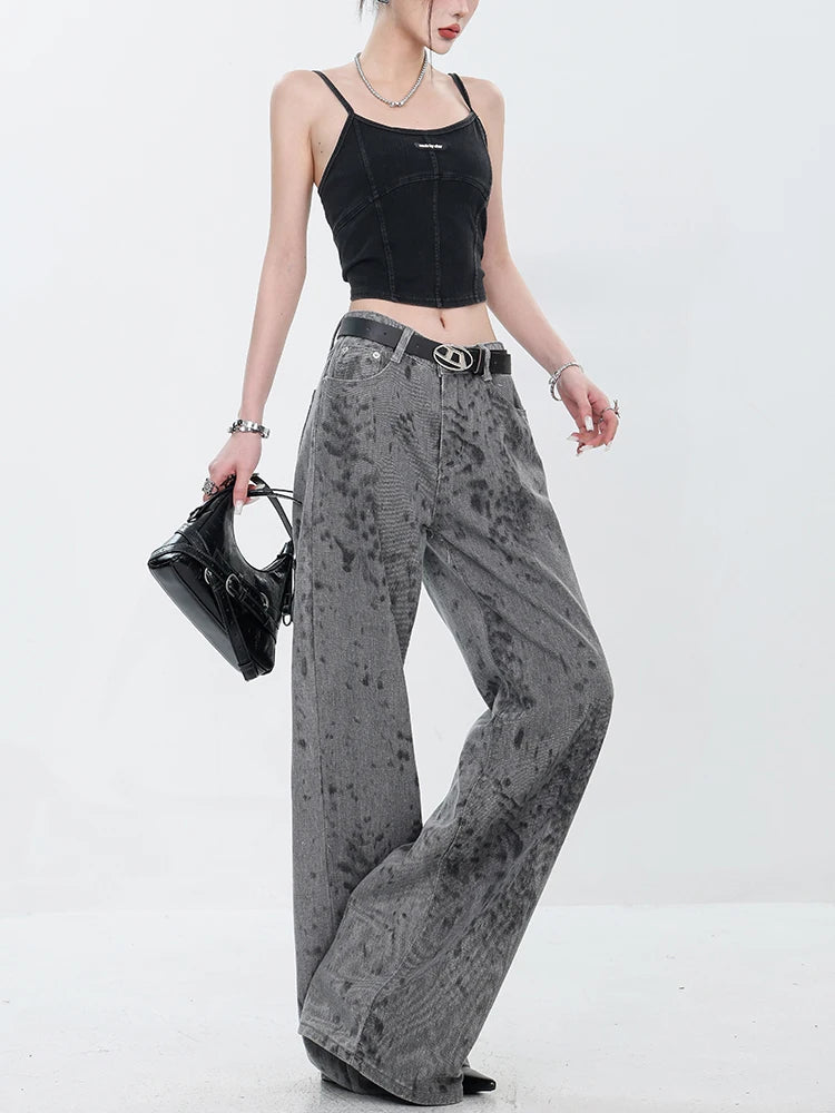 Vintage Print High Waisted Wide Jeans