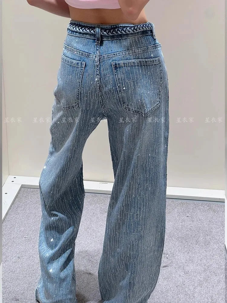 Rhinestone Pendant High Waist Slimming Jeans