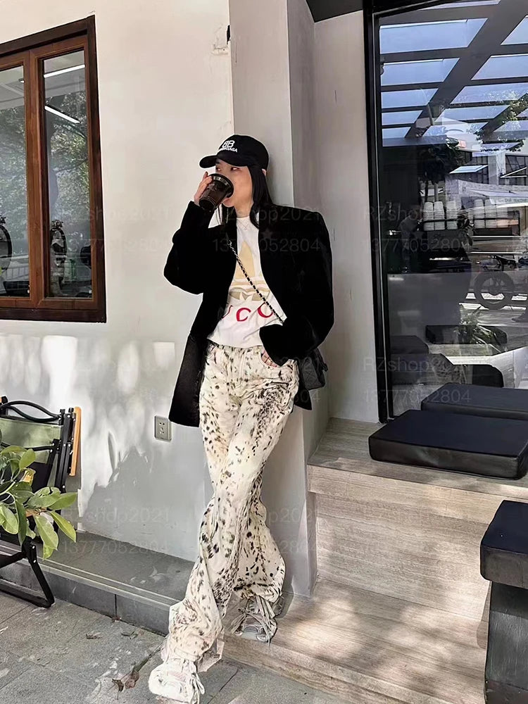Retro Leopard Print Wide Leg Jeans