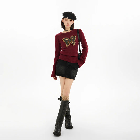 Vintage Butterfly Knitted Sweater O-Neck Pullover