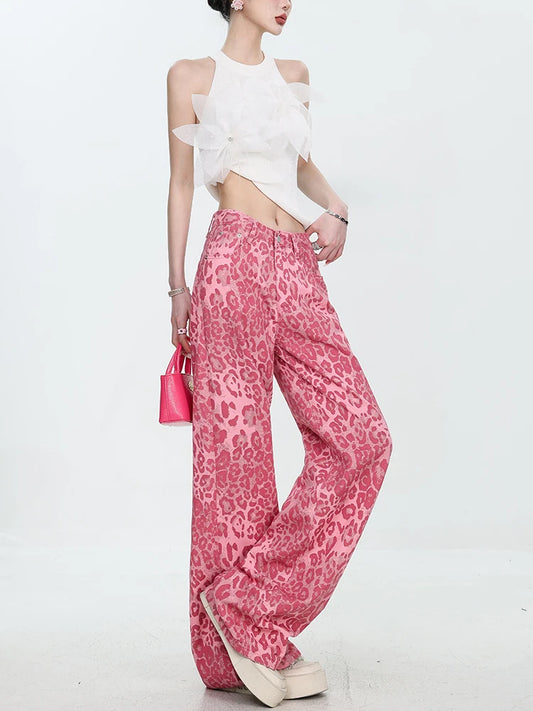 Leopard Print Baggy Wide Leg Jeans