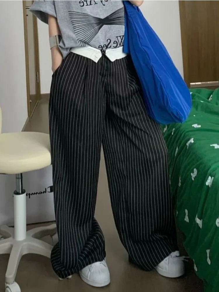 Elegant High Waist Striped Suit Pants