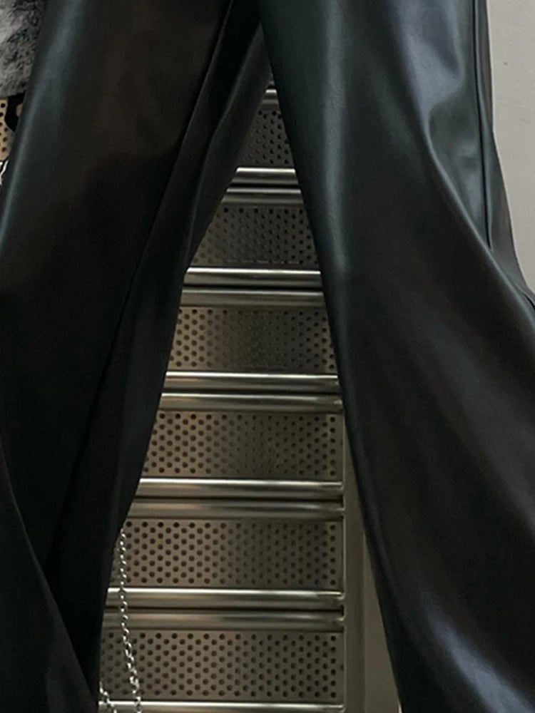 Black Punk Faux Leather High Pants