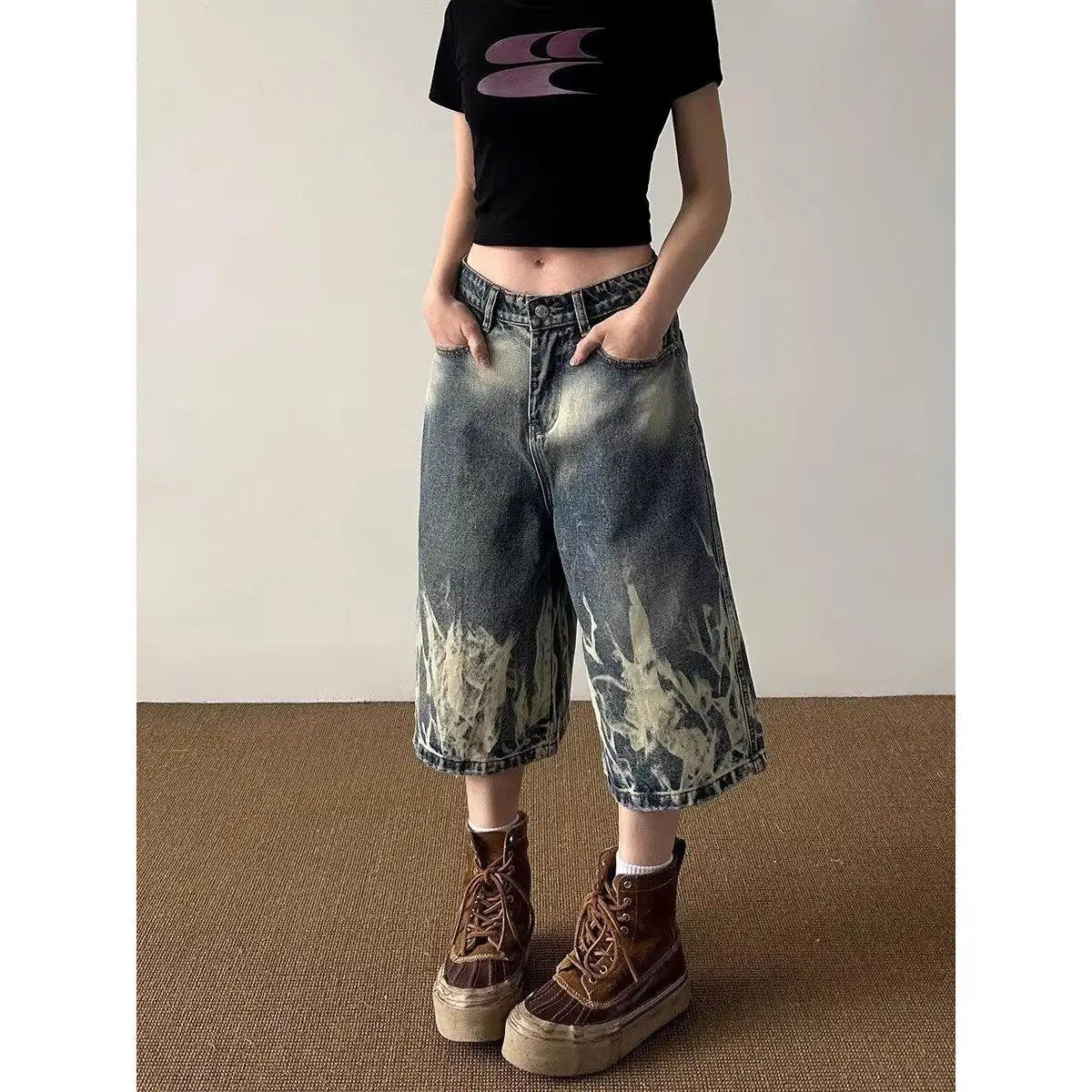 Lightning Pattern Retro Denim Shorts