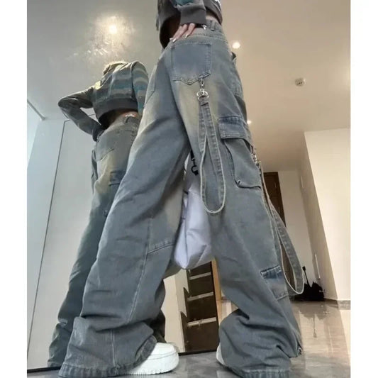 High Waist Spliced Denim Cargo Jeans
