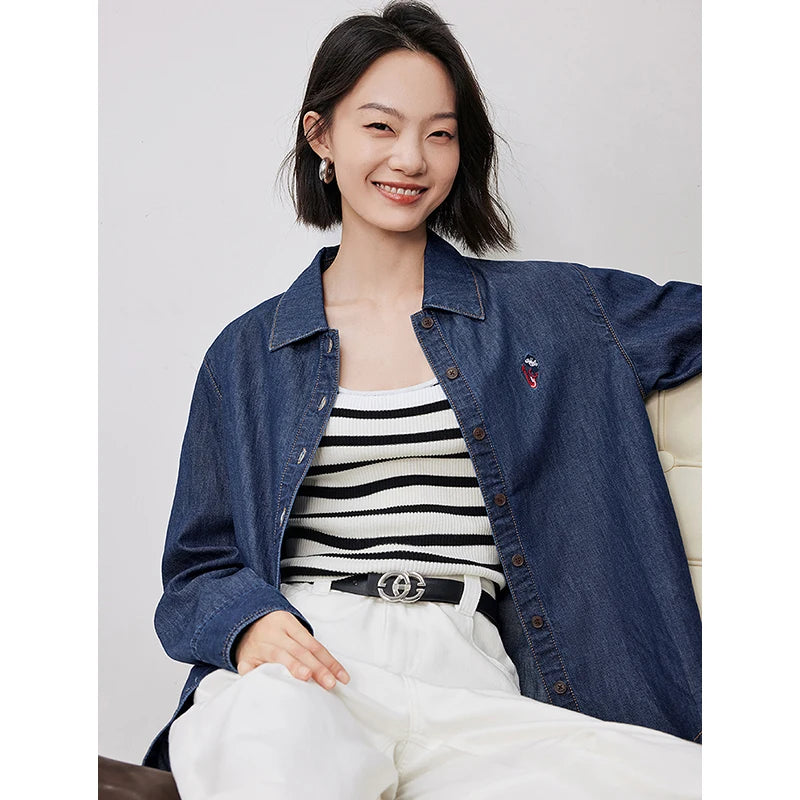 Embroidered Polo Collar Denim Jacket Shirt