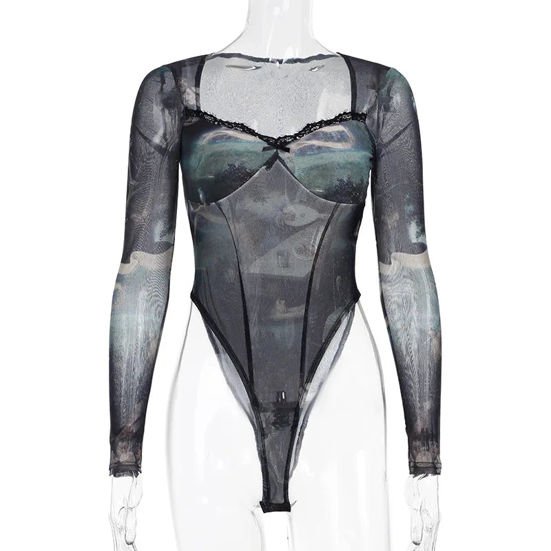 Dark Retro Mesh Long Sleeve Bodysuit