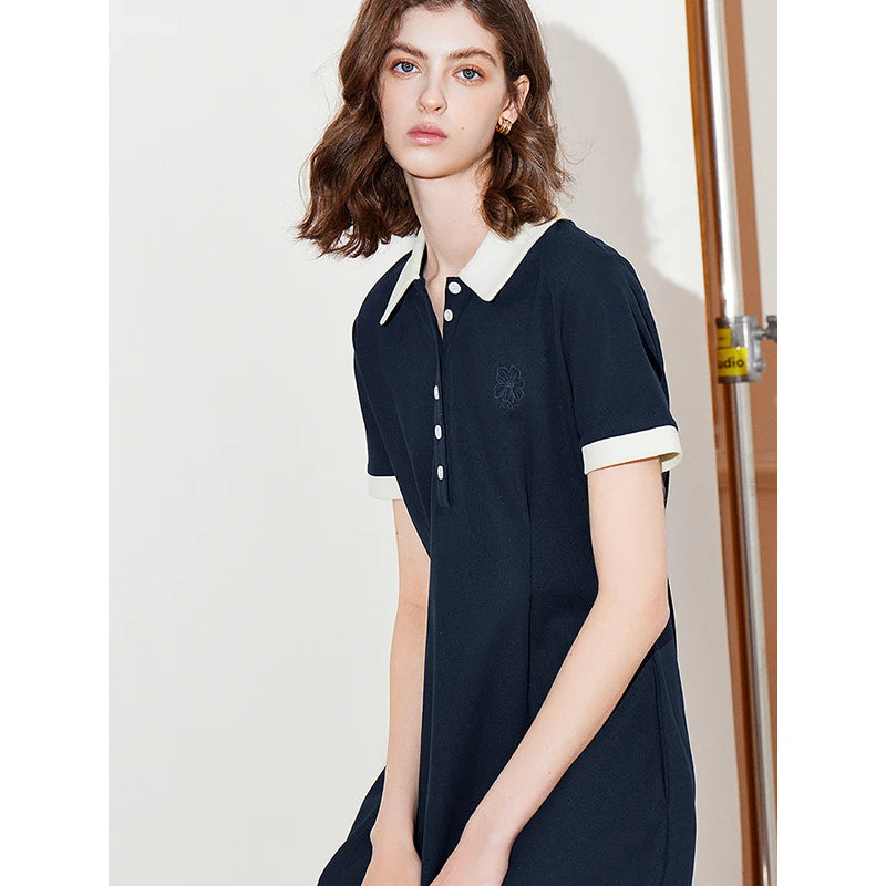 Contrast Color Polo Collar A-Line Dress