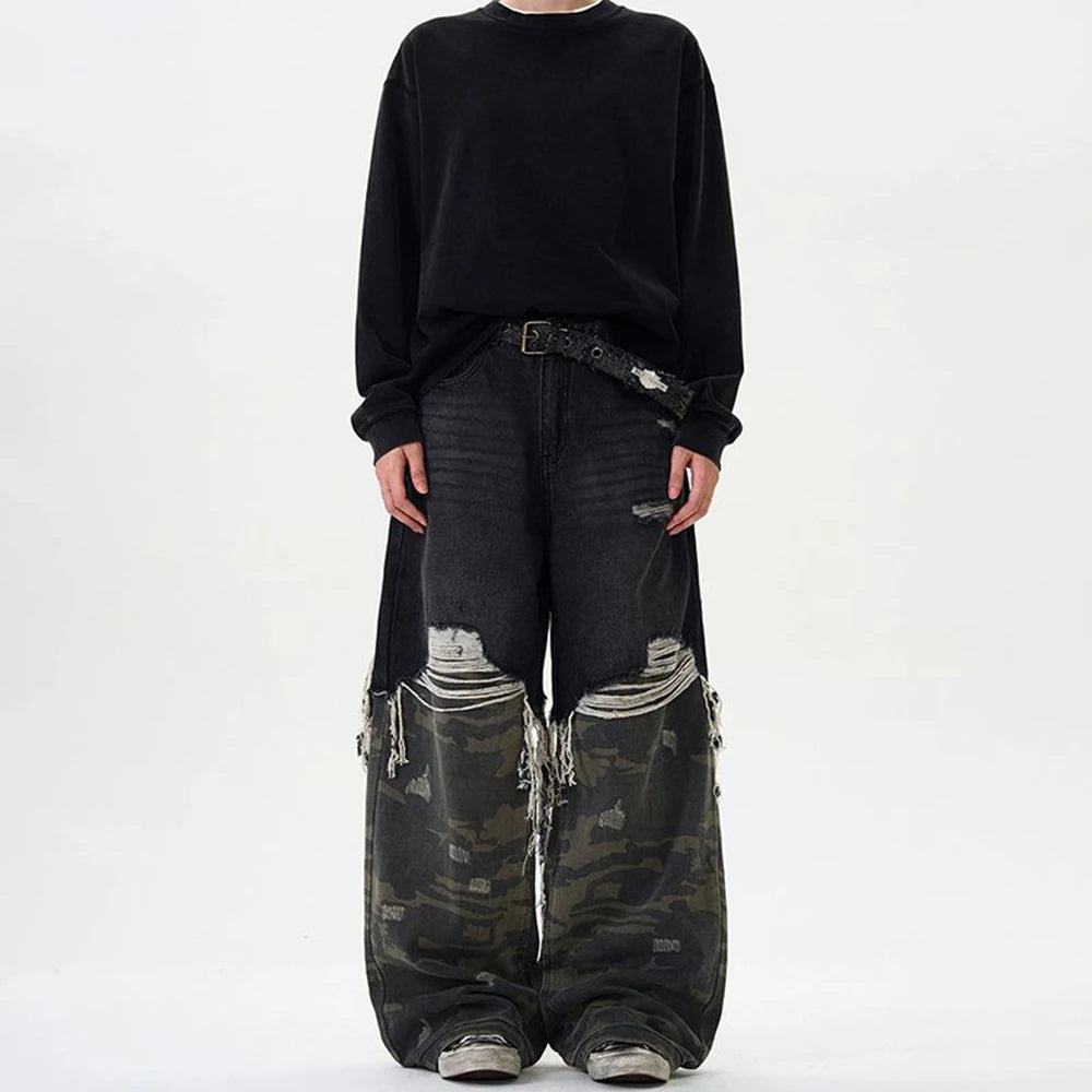 Retro Camouflage Stitched Baggy Ripped Jeans