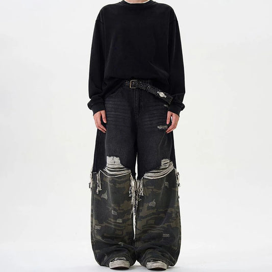 Retro Camouflage Stitched Baggy Ripped Jeans