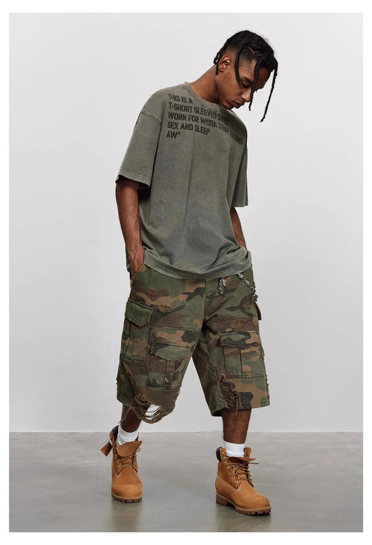 Distressed Camo Wide Leg Cropped shorts
