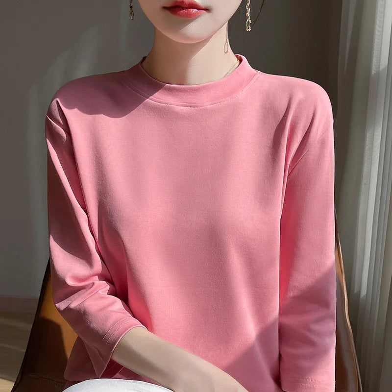 Cotton Semi High Neck Cropped T-Shirt