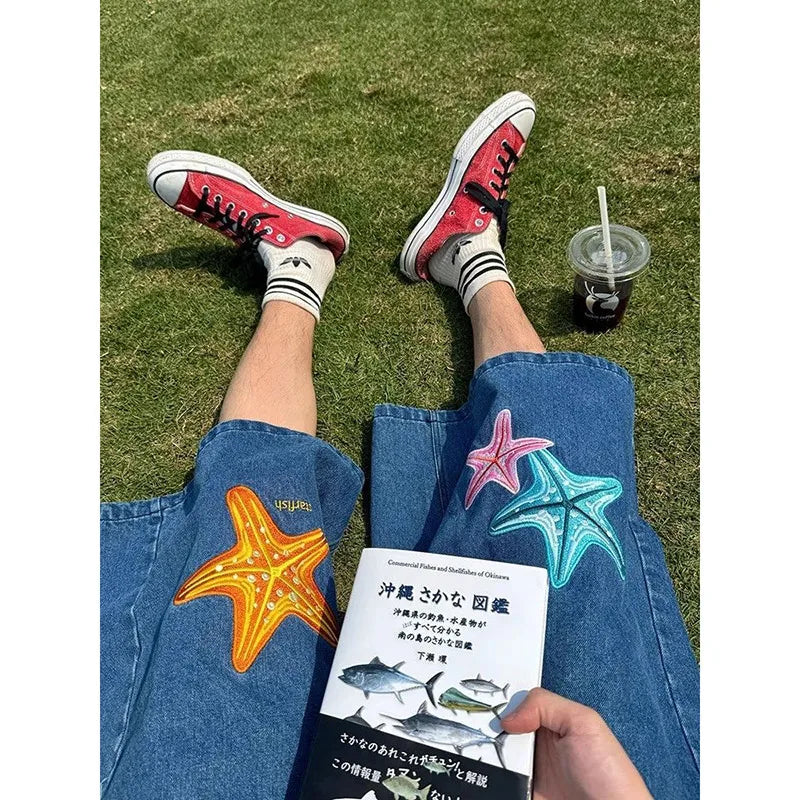 Creative Star Embroidery Loose Wide Shorts