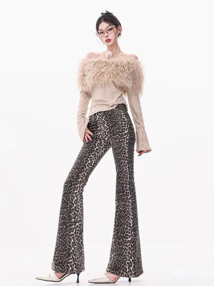 Leopard Print Flared Jeans Women Jeans