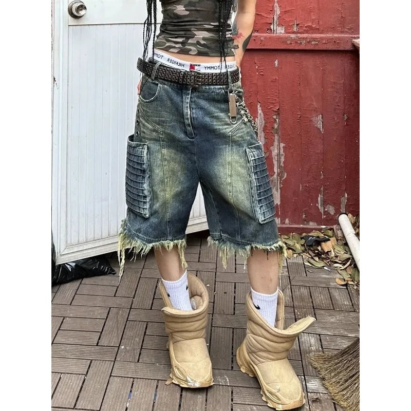 Retro Oversized Workwear Cropped Short Jeans