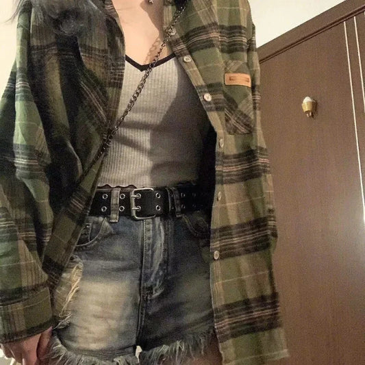 Vintage Oversize Green Plaid Blouse Shirt